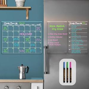Clear Non-Magnetic Calendar Set for Fridge - Dry Erase Transparent Monthly, Weekly Calendar and Blank Board - Sticks to Wall, Glass, Door, Any Smooth Surfaces