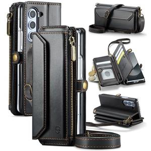 Strapurs Crossbody Wallet Case Compatible with Samsung Galaxy Z Fold 6 with RFID Blocking Card Holder & Pen Holder Slot Soft PU Leather Shoulder Strap Zipper Pocket Purse Fold 6 Phone Case, Black