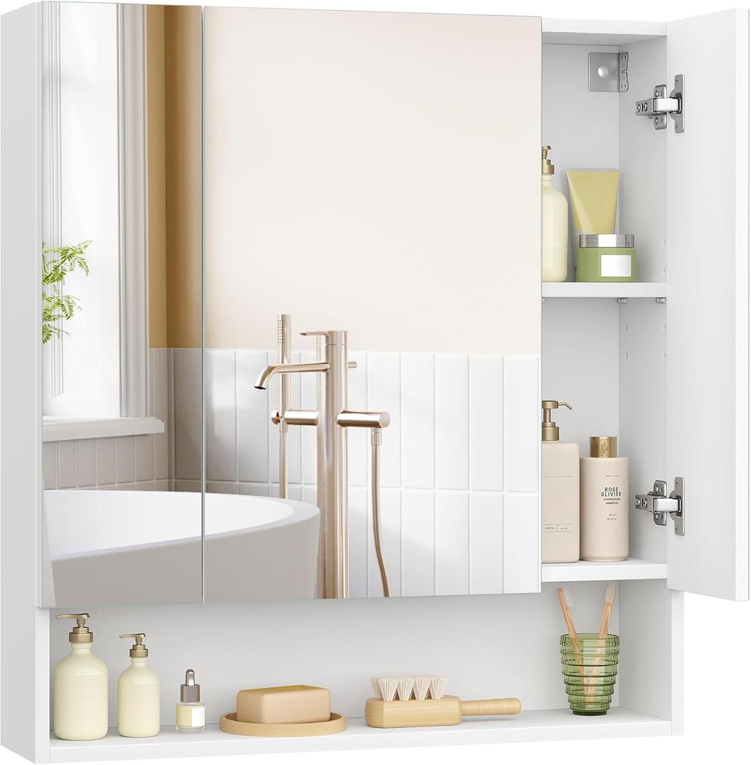 VASAGLE KAILYN Collection - Medicine Cabinet Mirror, Bathroom Wall Mirror Cabinet with Storage, Open Compartment, Adjustable Shelves, 6.5 x 27.6 x 29.5 Inches, Cloud White UBBK129W01