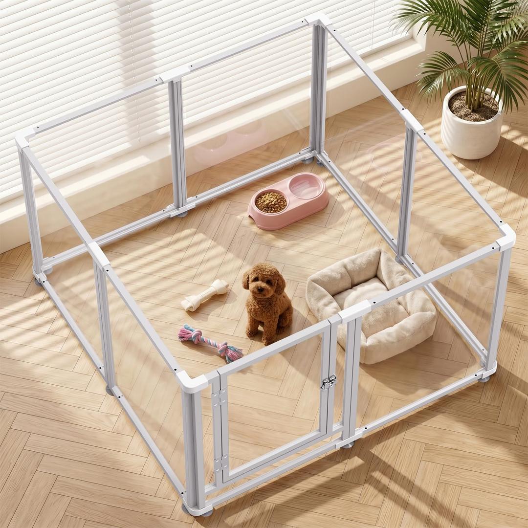 Clear Acrylic Dog Play Pen Indoor Pet Enclosure for Small Dogs & Cats, Outdoor Use with Door, Easy Assemble & Cleaning