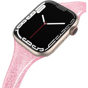 Compatible with Apple Watch Bands 42mm (Series 10) 41mm 38mm 40mm, Shiny Glitter Silicone Soft Slim Small Sport Replacement Strap Compatible for iWatch Series 10 9 8 7 6 5 4 3 2 1 SE Women (Glistening Rose Pink)