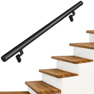 4ft Heavy Duty Aluminum Round Handrail kit with Die Cast Aluminum Brackets, Exterior Wall Mount Handrail Load Capacity 500lbs (Textured Black, 4Ft)