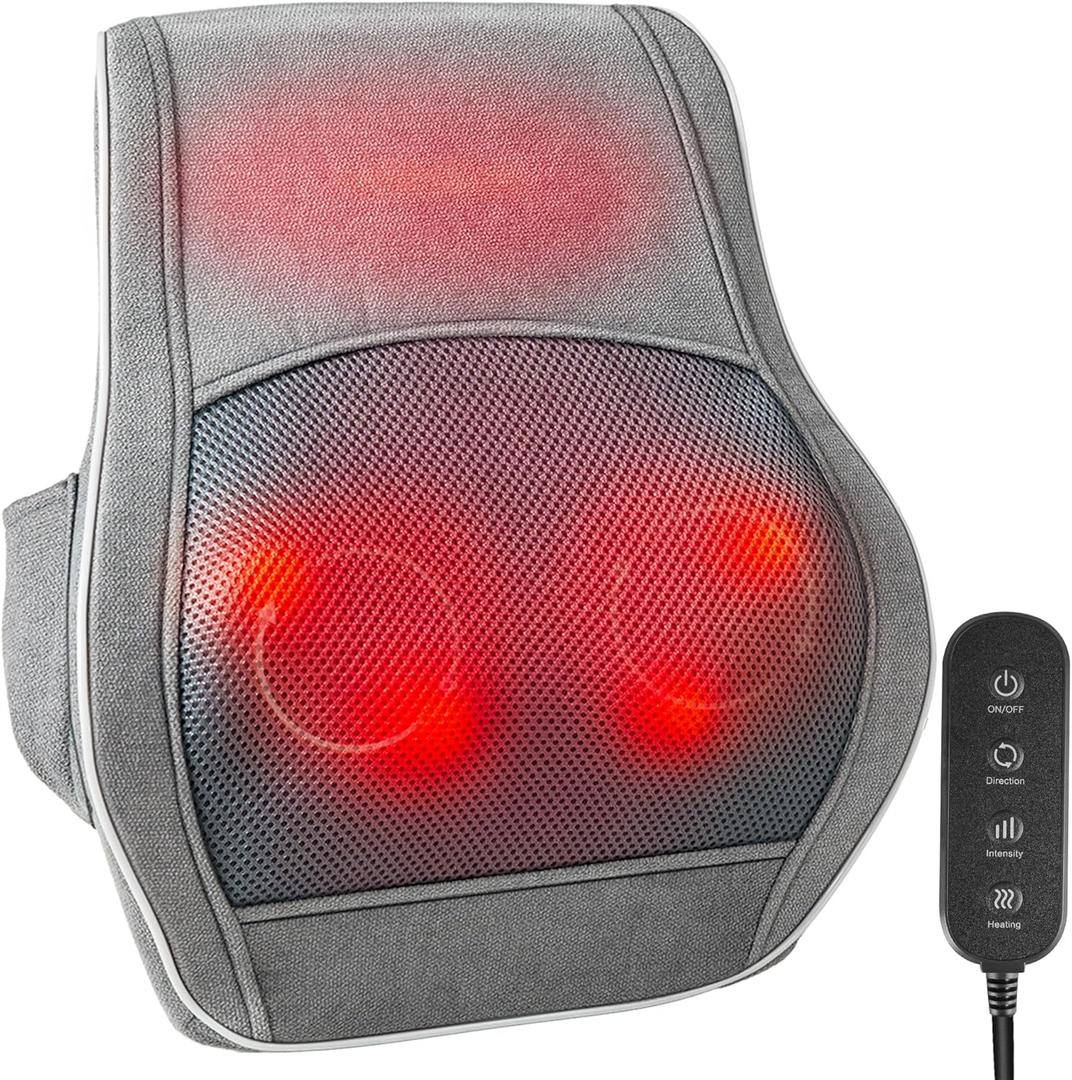 Brelley Shiatsu Neck and Back Massager with Heat, Deep Tissue Kneading Massage Pillow, Electric Massagers with Bi-Directional Rotating Head for Neck, Back, Shoulders, and Legs (Gray)