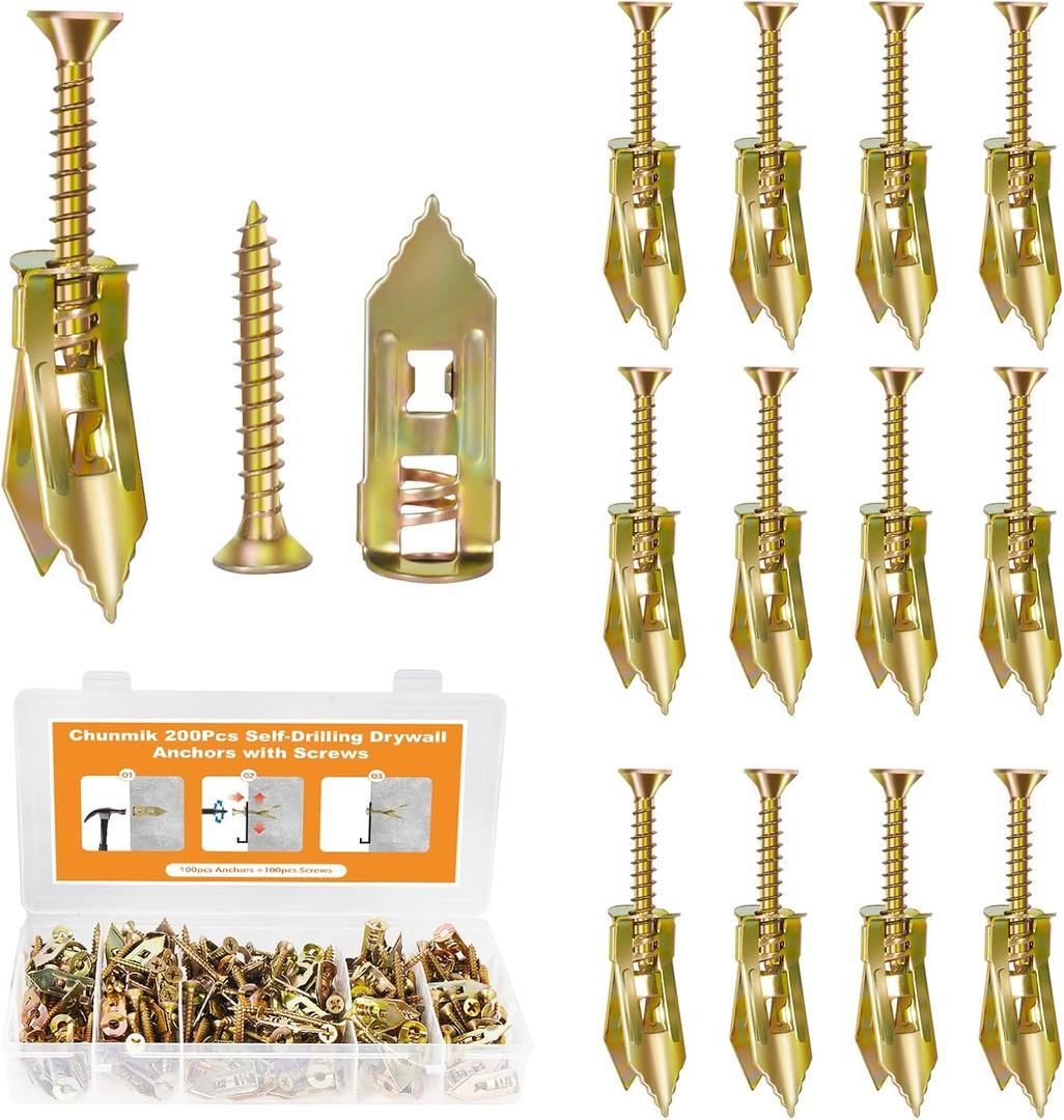 200PCS Self Drilling Drywall Anchors with Screws Kit, Multifunctional Drywall Anchor with Sheetrock Screws - Easy Installation Metal Expansion Bolts, No Drill Needed, Hold 70LB for Wall Hanging