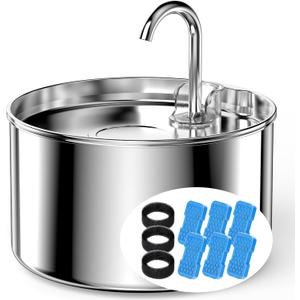 Cat Water Fountain Stainless Steel + 6 Filters + 3 Sponges - Pet Water Fountain 24/7 Keep The Water Fresh 74oz Capacity Ultra-Quiet No Sputter Compact Easy to Clean