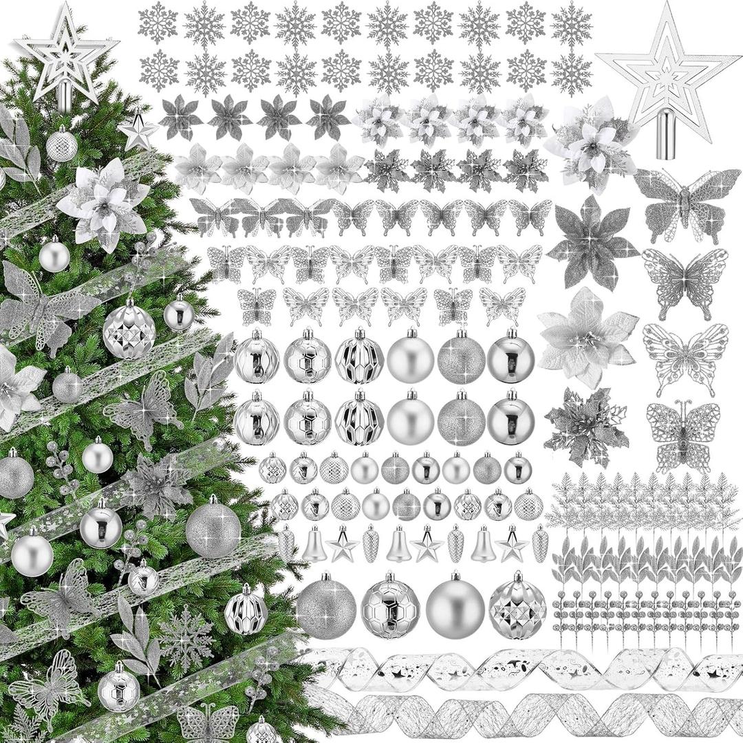 XunYee 143 Pcs Christmas Tree Decorations Set Shatterproof Christmas Ball Bell Star Pine Pone Ornaments Snowflake Butterfly Poinsettia Flower Decor Star Tree Topper Picks Xmas Ribbons(Silver)