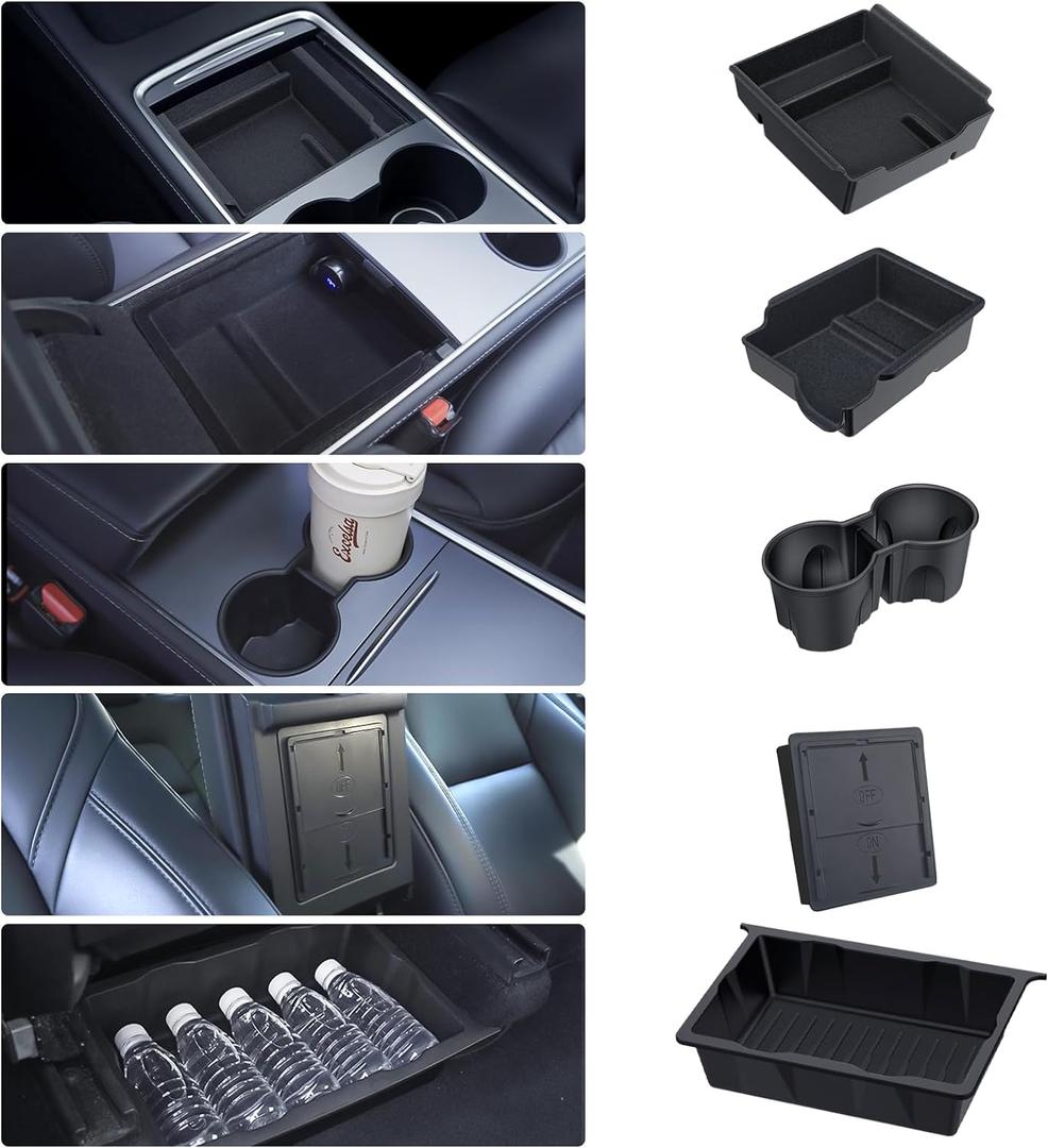 Center Console Organizer Tray 5PCS for Tesla Model Y Accessories 2024 2023 2022 2021 2020, Armrest Storage Tray and Hidden Storage Box, Cup Holder Insert, Under Seat Storage Box