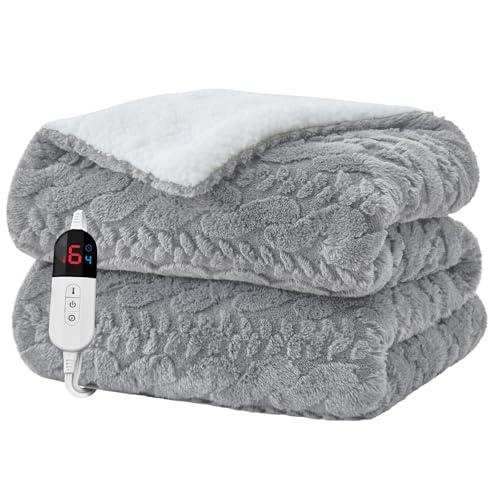 Easthome Electric Heated Blanket Full Size - Jacquard Shaggy Sherpa 72"x84" Fast Heating Bed Blankets with 6 Heating Levels & 10 Hours Auto Off, Over-Heated Protection ETL, Light Gray