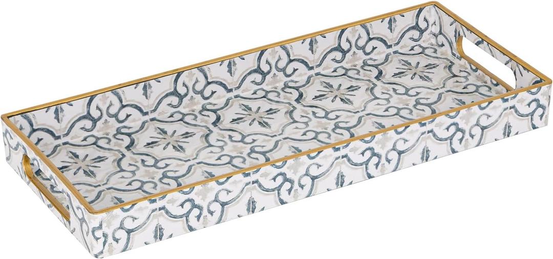 MAONAME White Decorative Tray, Plastic Serving Tray with Handles, Rectangular Moroccan Trays, Long Narrow Trays for Bathroom, Kitchen Counter, 13.8" X 6" X 1.57"