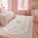 Pink Vintage Floral Area Rug 6x9 for Bedroom, Washable Cute Bow Cottage Core French Country Rose Shabby Chic Rug for Living Room Aesthetic Decor, Blush