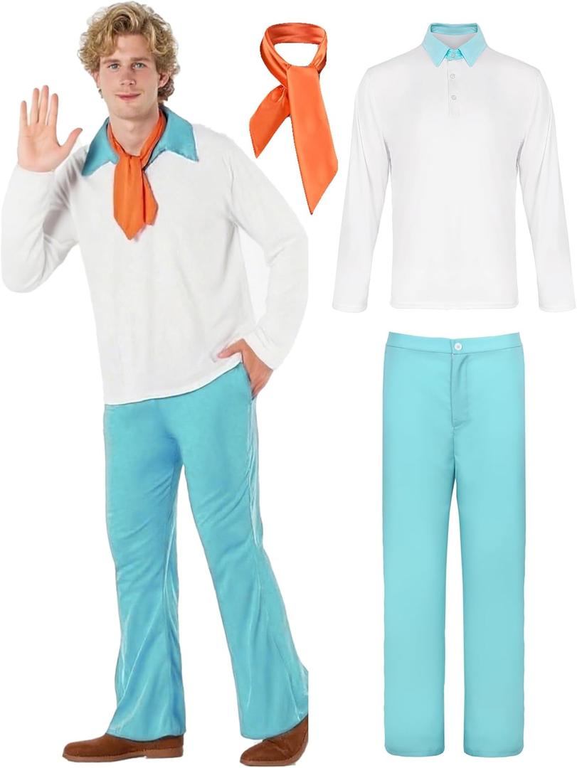 Halloween Costume Men Long Sleeve White Shirt and Pants Outfit with Scarf for Adult Cosplay Party (Medium, Blue)