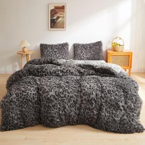 XeGe Cheetah Print Fluffy Faux Fur Duvet Cover Set, 3 Pieces Soft Plush Shaggy Fuzzy Bedding Set(1 Faux Fur Leopard Print Comforter Cover + 2 Furry Pillowcases), Zipper Closure(Queen, Light Grey)