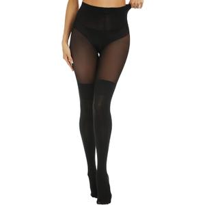 MANZI Black Faux Thigh High Opaque Tights Goth Mock Over Knee Stockings High Waist Warm Fake Sheer Pantyhose for Women (One Size)