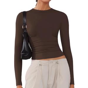 Women's Soft Long Sleeve Shirts Crew Neck Tops Basic Tees Stretchy Going Out Crop Tops Y2K Slim Fit T-Shirts (Brown, XL)