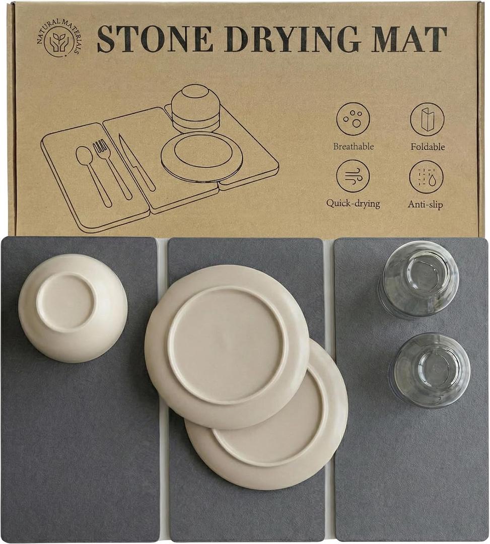 Sisher Stone Dish Drying Mat For Kitchen Counter, Large Quick Dry Stone Drying Mat,Easy To Store,Foldable Diatomaceous Earth Drying Stone,For Dishes ,Bottles, Cups, Match (24"  16" Dark Gray)