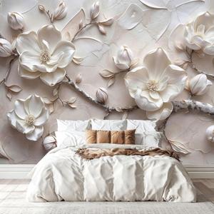 MFWFM Floral Peel and Stick Wallpaper 3D Relief Magnolia Flower Wall Mural | 137"x96", for Bedroom Living Room Bathroom, Self Adhesive Canvas