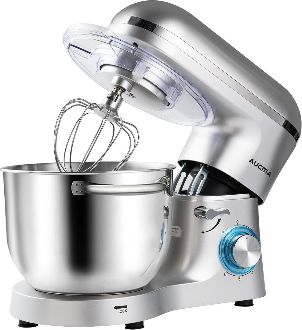 Aucma Stand Mixer,6.5-QT 660W 6-Speed Tilt-Head Food Mixer, Kitchen Electric Mixer with Dough Hook, Wire Whip & Beater (Silver, 6.5QT)