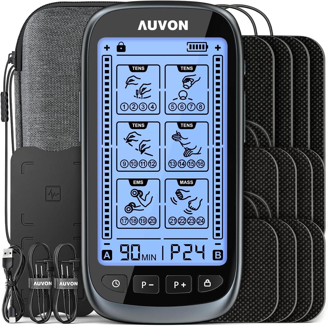 AUVON 3-in-1 TENS Unit Muscle Stimulator for Pain Relief Therapy, EMS Massager Machine with 30 Intensities for Gradual Back, Shoulder, Sciatica,24 Modes Pulse Massager with EVA Travel Case,12 Pads