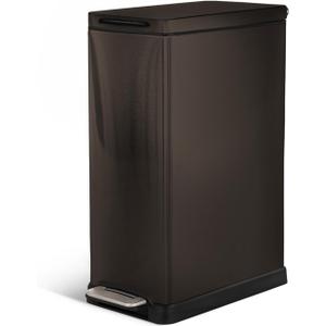 Home Zone Living 12 Gallon Slim Kitchen Trash Can with Soft Close Lid, Step Pedal, Bag Tuck Band, and Removable Liner, Stainless Steel, Black, 45 Liters