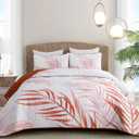 Quilt Set King Size Coral Tropical Coastal Botanical Quilt Bedding Set, 3 Piece Lightweight Soft Microfiber Palms Tree Bedspreads Coverlet Set with 2 Pillowcases for All Season (King,110"x 90") (Queen)