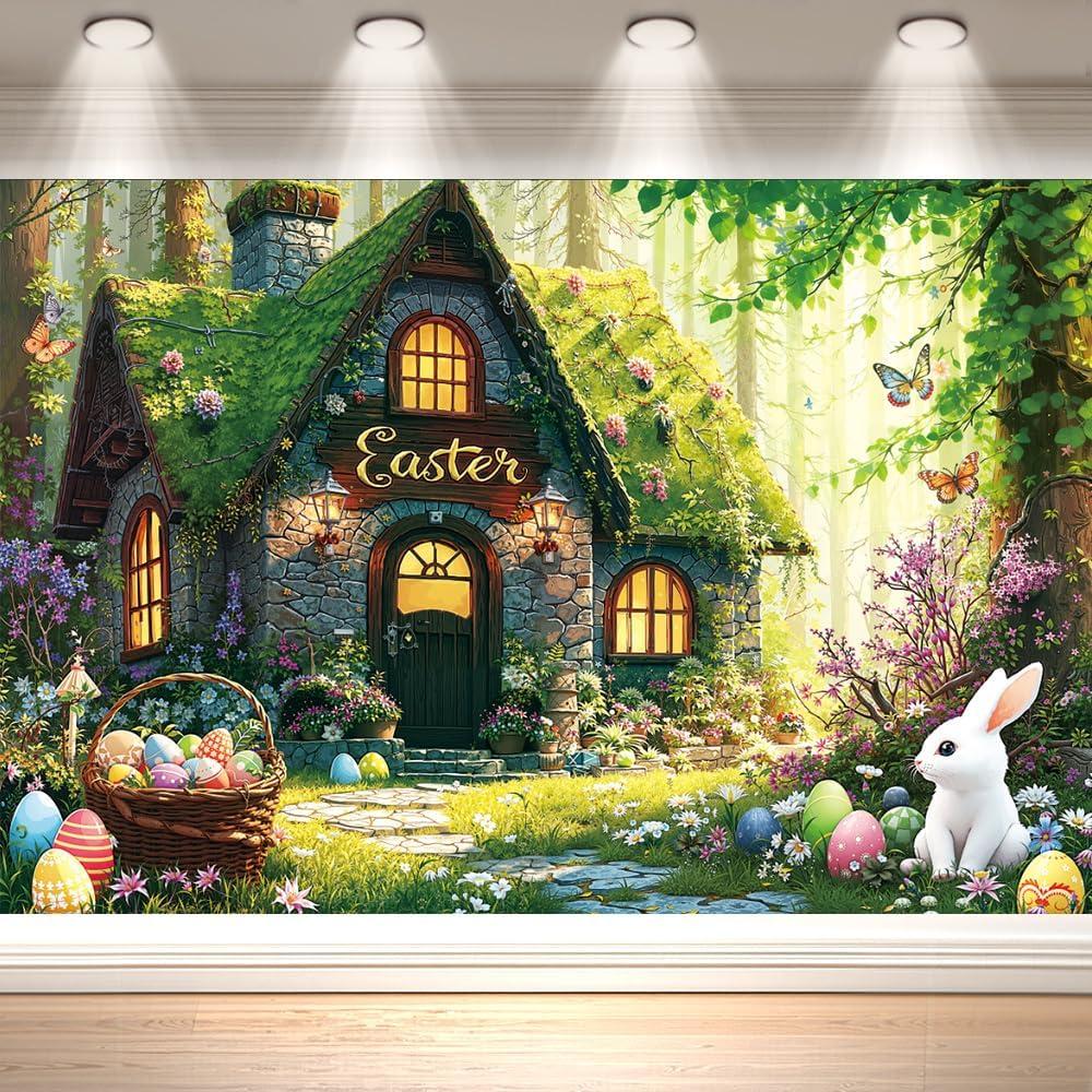 10x6.5ft Easter Backdrop Fairy Cottage Photography Wall Magic Forest Bunny & Colorful Eggs Spring Theme Easter Party Decorations Banner Photo Booth Background