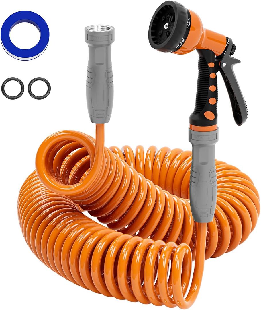3/8 Lightweight Coil Garden Hose 75 FT, EVA Retractable Curly Water Pipe with 6-Pattern Spray Nozzle for Boat, Greenhouse, Yard, Patio (Orange)