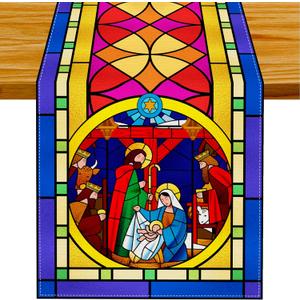 Linen Christmas Nativity Scene Table Runner Oh Holy Night Nacimientos De Navidad Decor Birth of Jesus Christmas Religious Manger Scene Decorations and Supplies 13x72 Inch