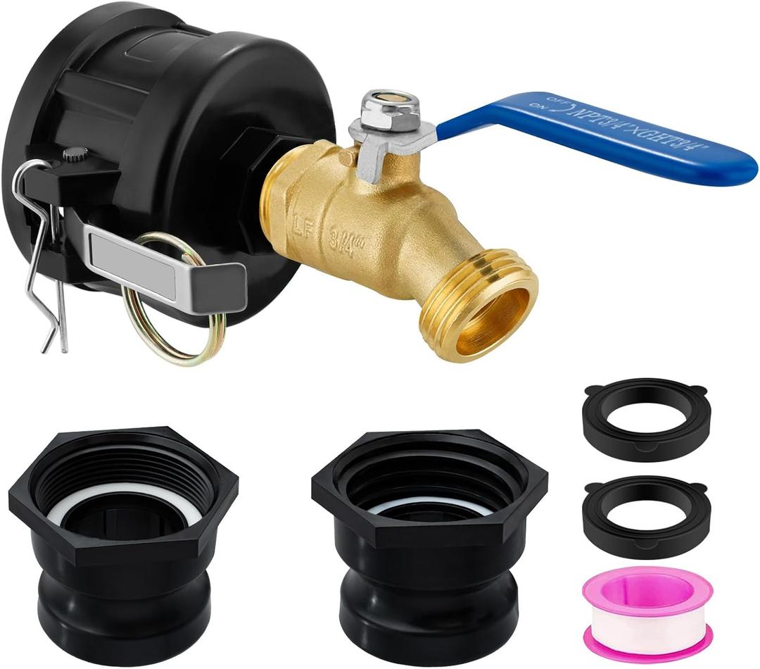 IBC Tote Adapter, 2" Cam Lock for 275-330 Gallon IBC Tote Tank with 2packs Groove Fittings, IBC Tote to Garden Hose Adapter with Brass Hose Faucet (3/4" Male NPT Inlet 3/4" Male GHT Threaded)