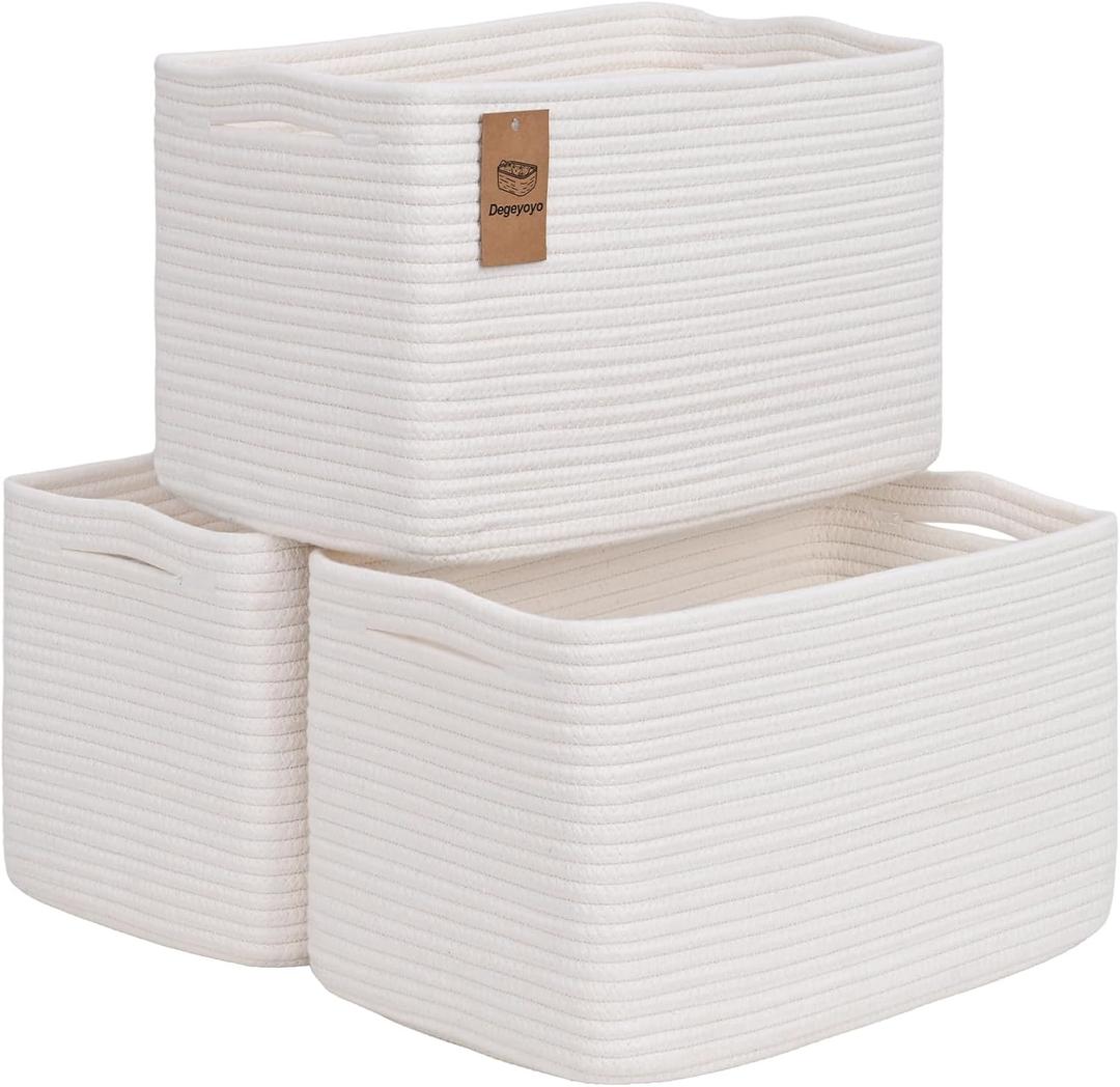 Woven Storage Baskets, White Baskets for Organizing, 3 Pack Woven Basket for Storage, Storage Baskets for Shelf, Towel, Toy, Book, Closet, Baby 15"10"9"