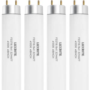 LUXRITE F32T8/841 T8 Fluorescent Tube Light Bulb (1" Diameter), 32W, 48 Inch, 4100K Cool White, 2800 Lumens, G13 Bi-Pin Base, (T8 Only, Not Compatible with T12 or LED Fixtures) - LR20732, 4-Pack