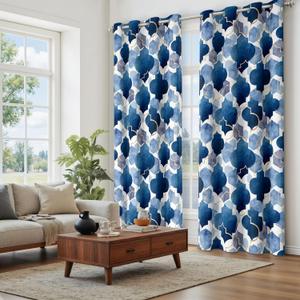 Tyrot Blue Moroccan 100% Blackout Curtains for Bedroom Abstract Geometric Black Out Curtains 63 inch Long 2 Panels Set Window Drapes Thermal Room Darkening Curtains for Living Room, 52Wx63L