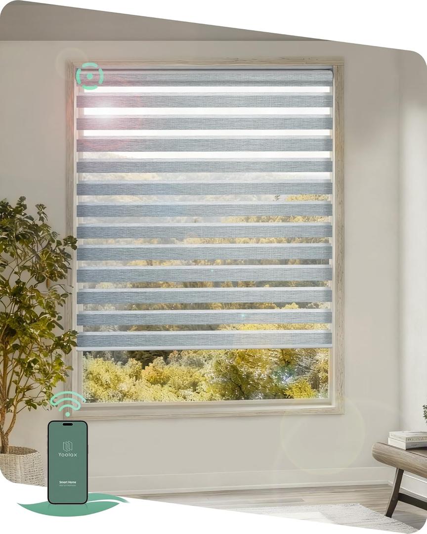 Yoolax Motorized Zebra Blinds, Electric Zebra Shades for Indoor Windows, Motorized Shades Light Control Horizontal, Automatic Window Shades for Bedroom Office Kitchen (80% Shading Grey, 34" x 72")