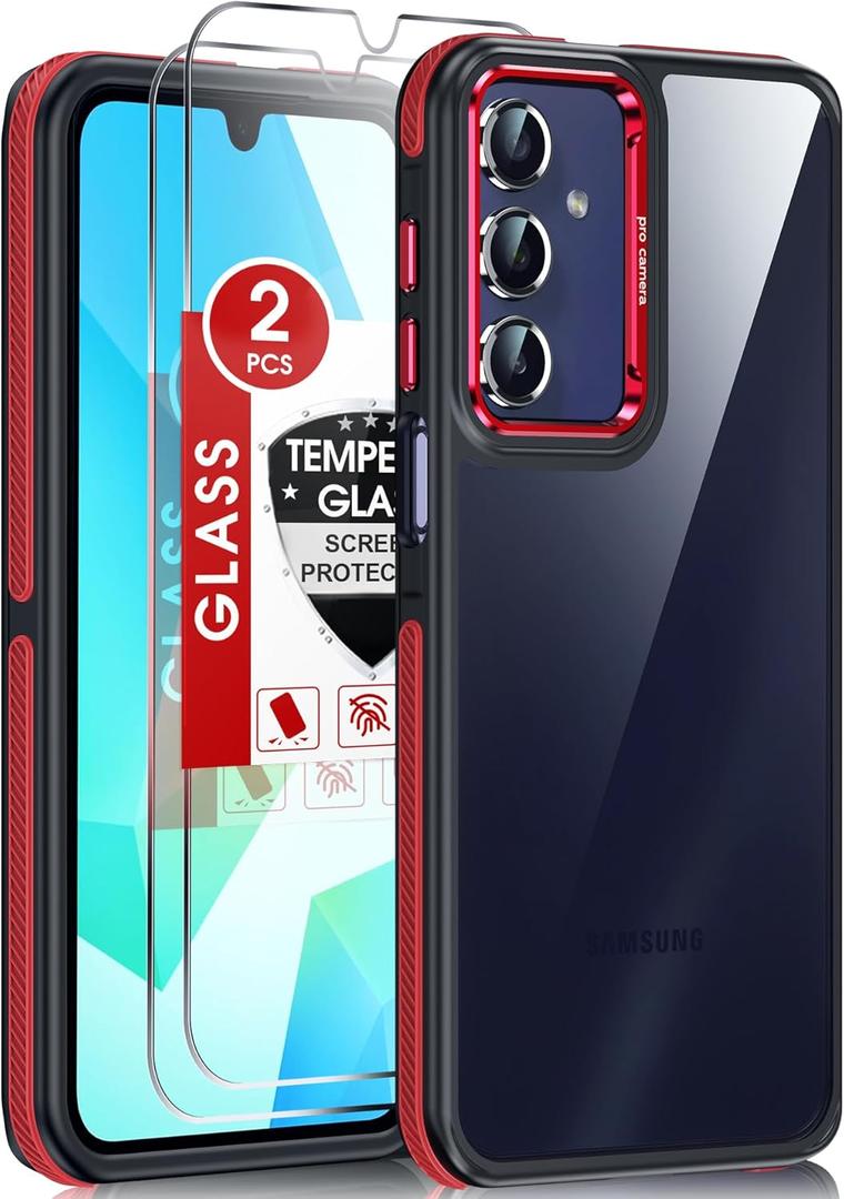 LeYi for Samsung Galaxy A16-5G Case: 2 Pack Screen Protector Shockproof Military-Grade, [Anty-Slip Grip] Metal Texture Lens Magnetic Translucent Matte for Galaxy A 16 5G Case, Red