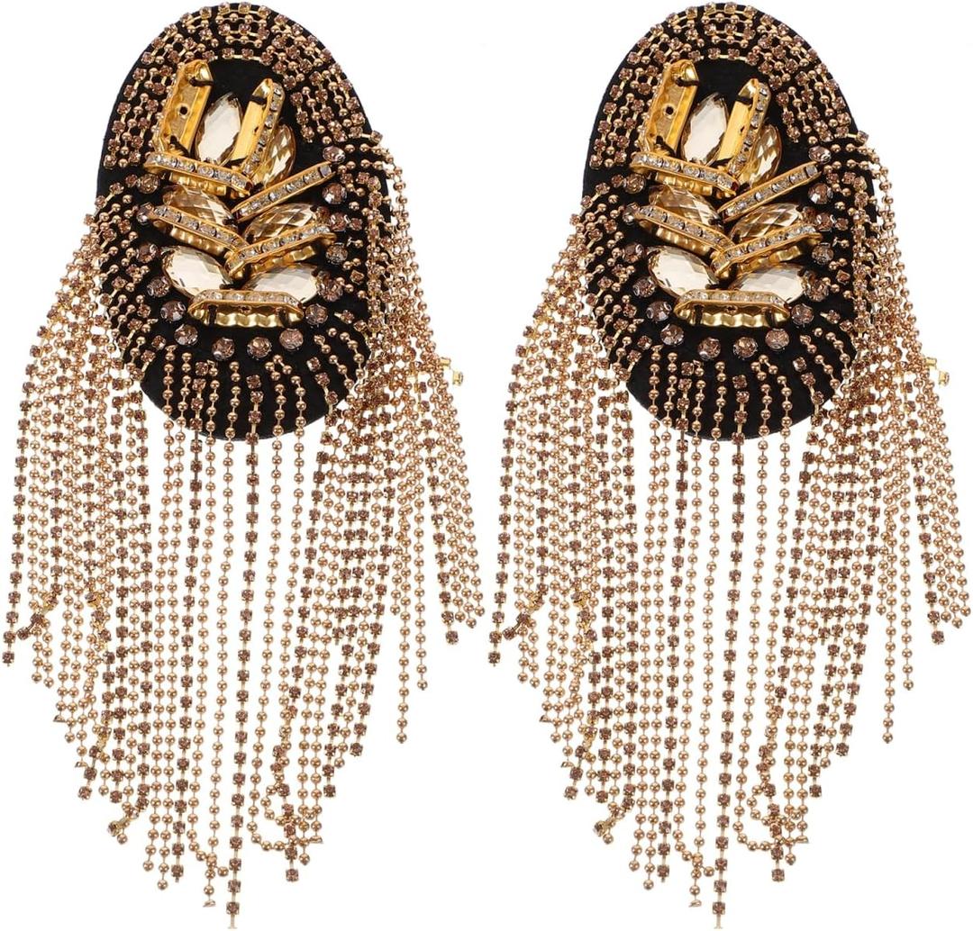 TENDYCOCO Rhinestone Tassel Epaulettes Pair Lightweight Fringe Shoulder Boards Badge for Costume Suit Easy Attach 3.93X2.20In