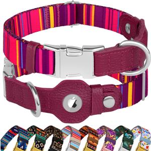 AirTag Dog Collar for Small Medium Large Breed - Adjustable Cute Pattern Dog Collar with Airtag Holder - Soft Leather Tracker GPS Apple Air Tag Pet Collars (Medium, 14"-18" Neck Fit, Striped)
