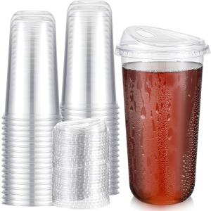 Ziliny 50 Sets Clear Plastic Coffee Cups with Sip Lids, Disposable Plastic PET Crystal Cups for Iced Coffee, Smoothie, Cold Beverage, Drink Shops and Party Catering (Clear, 20 Oz)