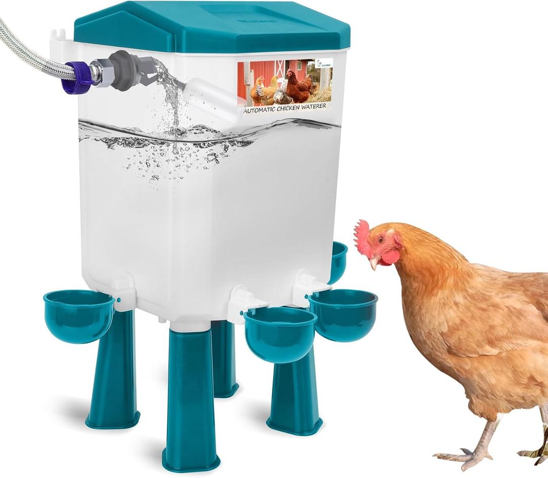 Automatic Chicken Waterer, Auto Water Refills
Float-Controlled Poultry Watering System, Connects Directly to 3/4" Faucet & Hose (No Fitting Required), Standing/Hanging Use
