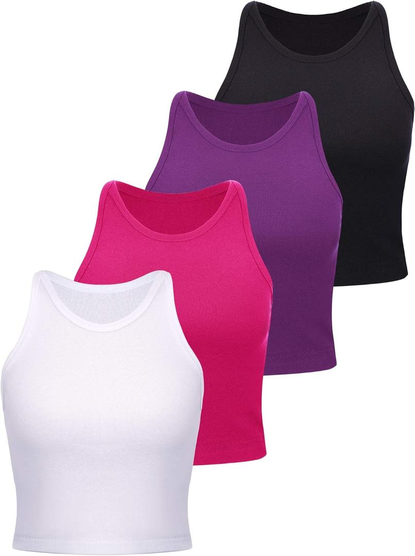 4 Pieces Basic Crop Tank Tops Women Racerback Crop Tops Cotton Sport for Girls Lady Daily Wearing (Small, Black, Purple, Rosy, White)