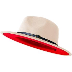 KUJUHA Wide Brim Fedora Two Tone Dress Hat, Cream & Red, Small-Medium