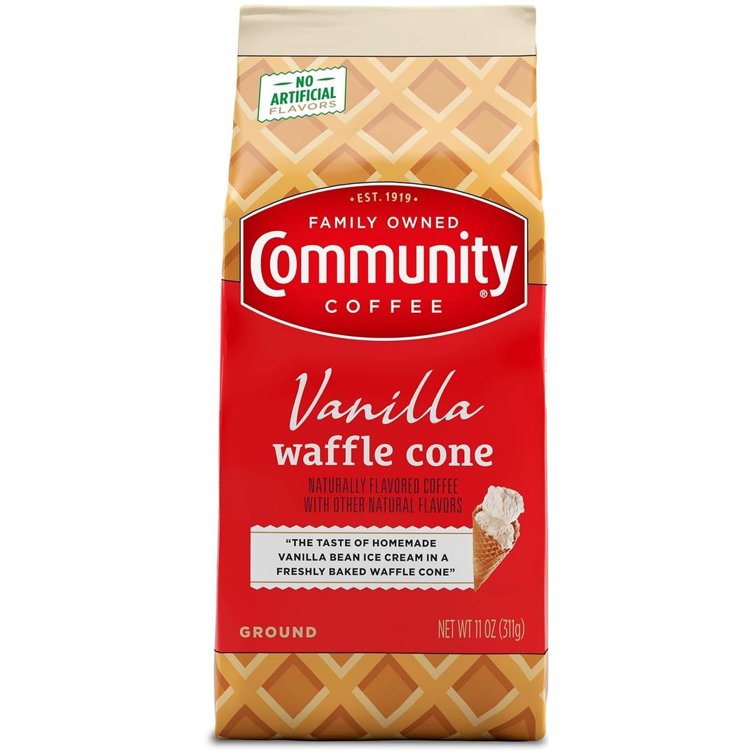 Community Coffee Vanilla Waffle Cone, Ice Cream Flavored Ground Coffee, 11 Ounce Bag (Pack of 1), Brew By 05/24