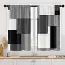 Black Kitchen Curtains 45 Inch Length Dark Grey White Window Short Tier Curtains Over Sink Set of 2, Modern Abstract Geometric Art Kitchen Decor 34x45 Inch
