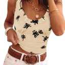 Tankaneo Womens Ruffle Deep V Neck Tank Tops Summer Sexy Floral Print Sleeveless Fitted Shirts Trendy Y2k Going Out Crop Tops (Beige, M)