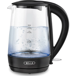 BELLA 1.7 Liter Glass Electric Kettle, Quickly Boil 7 Cups of Water in 6-7 Minutes, Soft Blue LED Lights Illuminate While Boiling, Cordless Portable Heater, Carefree Auto Shut-Off, Black