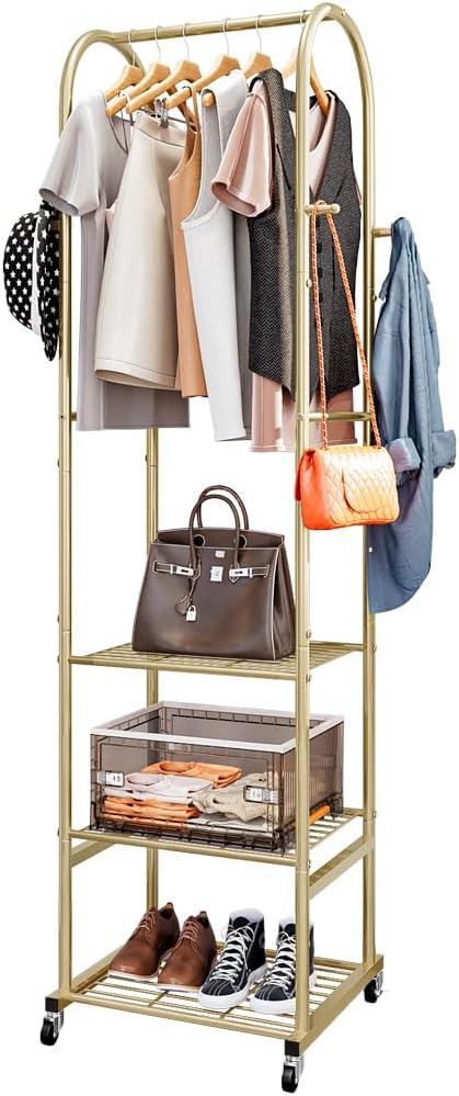 SUOERNUO Clothes Rack With Wheels and 3-Tier Metal Shelves,Clothing Rack For Hanging Clothes With 4 Hooks,Garment Rack Wardrobe Organizer for Small Space,Black (gold, 16.54 * 18.23 * 72.05)