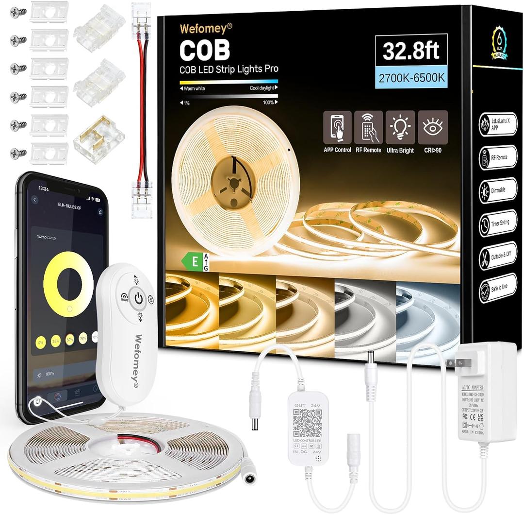 COB LED Strip Light White, Dimmable 2700K-6500K High Density 6080LEDs 24V Flexible LED Tape Light with Remote and APP Control, for Under Cabinet Bedroom Kitchen DIY Lighting,1 Rolls of 32.8ft
