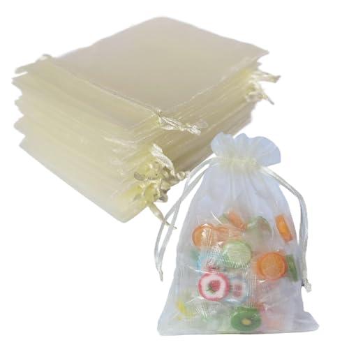 100 Pcs Organza Drawstring Gift Bags 5x7 inch Ivory for Jewelry,Candy,Card,Coin,Sheer Fabric Clear Mesh Wrap Pouches Sachet for Baby Shower,Christmas,Party Favors,Bridal Shower,40th Birthday,Wedding