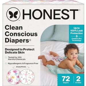 The Honest Company Comfort Dry Diapers, Hypoallergenic, FragranceFree, Sensitive Skin, Rose Blossom + Tutu Cute, Club Box Size 2 (12–18 lbs), 72 Count
