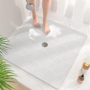HITSLAM Square Shower Mat, 36 x 36 Inch Non Slip Bath Mat for Tub, Soft PVC Loofah Bathtub Mats with Drain Holes, Quick Drying Bathroom Stall Floor Mat, Bathroom Accessories Without Suction Cup, White
