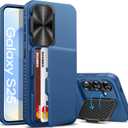 for Samsung Galaxy S25 Case with Card Holder, Built-in Stand & Camera Lens Cover, Shockproof Rugged Silicone Raised Edge Protective Wallet Protective Phone Case for Samsung S25 5G 2025, Blue
