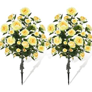 Lunmon 2 Pack 3ft Artificial Camellia Plants Tree 36" Faux Camellia Flower with Spike UV Resistant Realistic Fake Floral Blooming Bush for Indoor Outdoor Front Door Porch Backyard Garden, Yellow